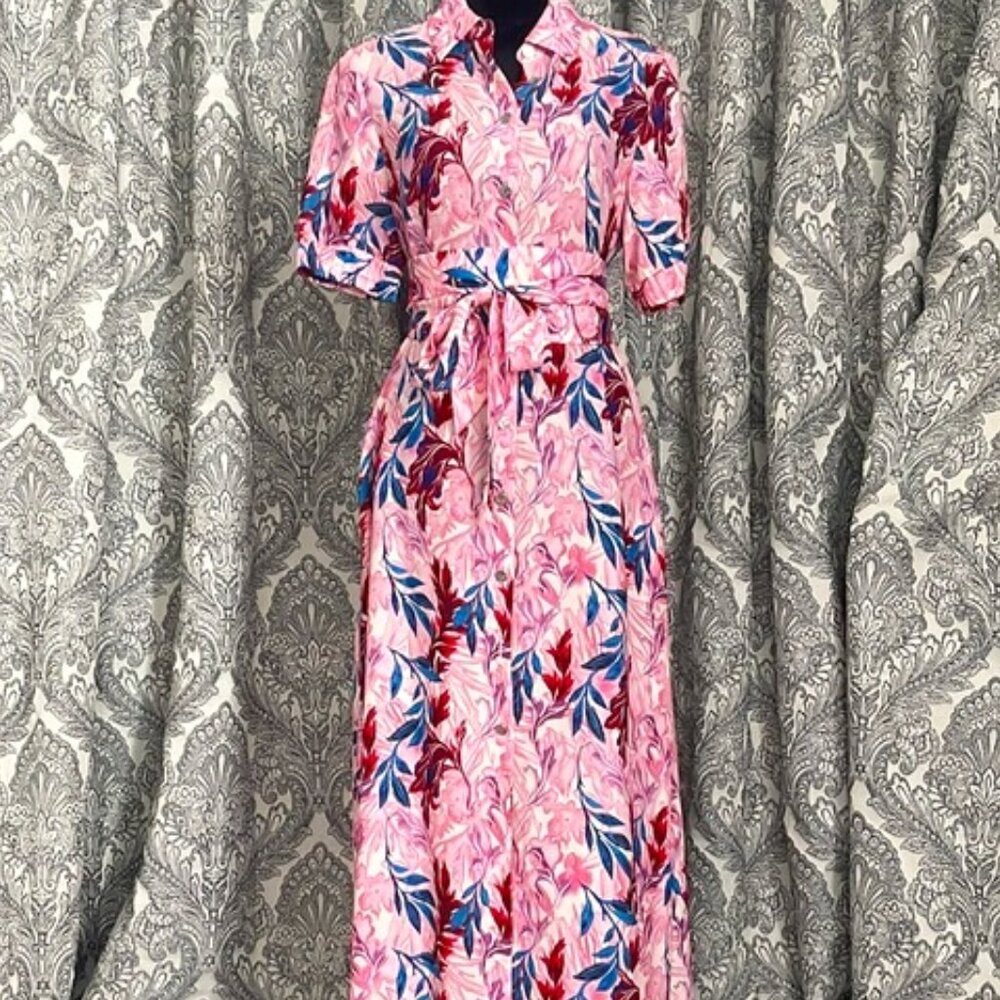 LIKE SILKY LONG FLORAL SHIRT DRESS